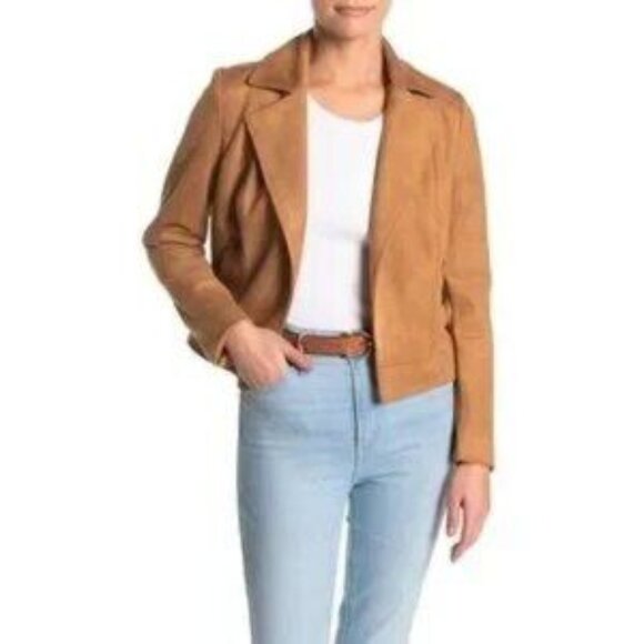 Philosophy Jackets & Blazers - Philosophy Suede Cropped Camel Moto Jacket Open Front Large